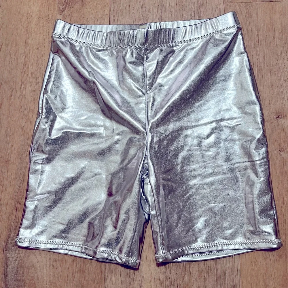 🩶SKIMS METALLIC MID WAIST SWIM BIKINI BOTTOMS SHORTS IN NICKEL M L